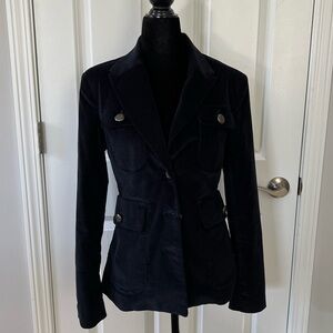 LONDONJEAN Women's Navy Blue Velvet Blazer with Military Style Accents - Size 2